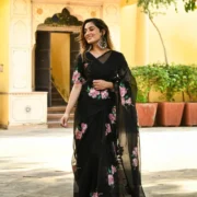 Black Organza Handpainted Saree - Image 2