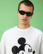Men's White Classic Mickey F&B Graphic Printed Oversized T-shirt - Image 2
